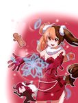  1girl breasts brown_hair cleavage demon_boy dress elbow_gloves flower gloves layla_(sound_horizon) long_hair medium_breasts multicolored_hair open_mouth orange_hair red_eyes red_gloves red_hair red_skirt santa_costume seisen_no_iberia shaytan_(sound_horizon) short_dress shuri_(84k) skirt smile sound_horizon very_long_hair 