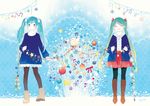  aqua_eyes aqua_hair bird boots christmas closed_eyes earrings green_hair hatsune_miku jewelry knee_boots long_hair mig_(36th_underground) multiple_girls musical_note open_mouth pantyhose skirt striped striped_legwear twintails vertical-striped_legwear vertical_stripes very_long_hair vocaloid 