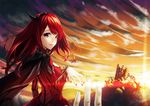  bad_id bad_pixiv_id cape demon_girl evening fake_horns hairband horns kyon_(fuuran) long_hair looking_at_viewer looking_back maou_(maoyuu) maoyuu_maou_yuusha nail_polish outstretched_hand pov red_eyes red_hair ruins sky smile solo sunset 