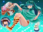  2girls animal_print bad_id bad_pixiv_id bikini floating fringe_trim green_eyes green_hair hat horns lum moroboshi_ataru mujaki_(urusei_yatsura) multiple_boys multiple_girls oilaoila poncho sun_hat swimsuit tiger_print top_hat urusei_yatsura 