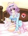  aoi_hiro blush hairband heart komeiji_satori light_smile long_sleeves looking_at_viewer on_bed outstretched_arm outstretched_hand pink_skirt purple_eyes purple_hair shirt sitting skirt solo third_eye touhou wide_sleeves 