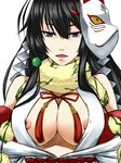  areola_slip areolae bare_shoulders black_hair breasts center_opening cleavage fox_mask ky_kosuke large_breasts long_hair mask mochizuki_chiyome parted_lips purple_eyes sengoku_taisen simple_background solo white_background 
