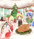  alternate_hairstyle antlers bad_id bad_pixiv_id black_hair blonde_hair christmas_tree cirno fake_facial_hair fake_mustache fang flandre_scarlet food fork fujiwara_no_mokou hairband hat horns houraisan_kaguya ibuki_suika knife multiple_girls plate red_eyes rumia santa_hat senaka silver_hair table touhou turkey_(food) wings wreath 