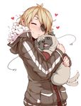  blonde_hair blush dog eyepatch heart hug jacket original pug saliva smile tail tail_wagging tears tongue white_background zako_(arvinry) 