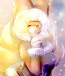  blonde_hair breasts coat dearmybrothers fox_tail fur_trim hands_clasped highres large_breasts looking_at_viewer multiple_tails own_hands_together short_hair smile solo tail touhou winter_clothes winter_coat yakumo_ran yellow_eyes 