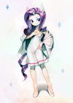  1girl animal_ears aruurara blue_eyes blush dress high_heels highres horn long_hair my_little_pony my_little_pony_friendship_is_magic personification purple_hair rarity shawl shoes simple_background smile solo tail white_background 