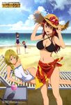  :d absurdres beach bikini blue_eyes braid breasts brown_hair chair cleavage cloud day drink flat_chest flower freckles glass hair_over_shoulder hands_on_headwear hat hat_flower hibiscus highres holding_hands ice_block large_breasts long_legs lounge_chair maid_ane_(maoyuu) maid_imouto_(maoyuu) maou_(maoyuu) maoyuu_maou_yuusha multiple_girls navel o-ring o-ring_top ocean official_art one-piece_swimsuit onna_kishi_(maoyuu) open_mouth outdoors print_sarong red_eyes red_hair red_sarong sarong scan school_swimsuit shimojima_makoto siblings single_braid sisters sky smile sun_hat swimsuit underboob water 