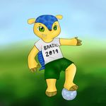  anthro armadillo blush claws cub cute fifa fuleco fur green_eyes hair looking_at_viewer male mascot plain_background smile soccer solo yellow_fur young zekromlover 