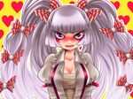  alternate_hairstyle arm_belt bad_id bad_pixiv_id blush bow breasts cleavage embarrassed eyelashes fujiwara_no_mokou hair_bow heart large_breasts lipstick makeup open_clothes open_shirt red_eyes sarashi shirt silver_hair solo suspenders touhou twintails wanko528 