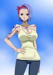  1girl bare_shoulders black_eyes blue_hair bracelet breasts cleavage conomi_islands denim east_blue hairband hand_on_hip hand_on_hips highres jeans jewelry large_breasts legs looking_at_viewer nel-zel_formula nojiko one_piece pants purple_hair short_hair simple_background smile solo standing tattoo thighs 