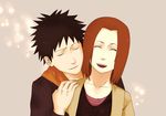  :d black_hair brown_hair couple eyes_closed hand_on_shoulder hug naruto naruto_shippuuden nohara_rin open_mouth smile uchiha_obito 