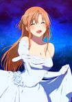  asuna_(sao) bad_id bad_pixiv_id breasts brown_hair cleavage closed_eyes dress elbow_gloves flower gloves inuzuka_bouru long_hair medium_breasts outstretched_arm solo sword_art_online 