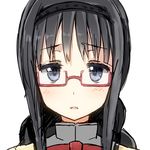  akemi_homura bad_id bad_pixiv_id black_hair braid glasses h@ll hairband long_hair looking_at_viewer lowres mahou_shoujo_madoka_magica purple_eyes red-framed_eyewear school_uniform simple_background solo twin_braids white_background 