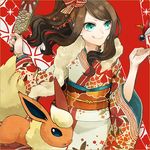  :q alternate_costume brown_hair buzz flareon gen_1_pokemon green_eyes hair_ornament japanese_clothes kimono long_hair pokemon pokemon_(creature) pokemon_(game) pokemon_bw ponytail red_background smile tongue tongue_out touko_(pokemon) 