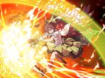  aka_ringo alternate_weapon arm_cannon bow brown_hair cape feathers grin hair_bow highres long_hair magic_circle red_eyes reiuji_utsuho runes skirt smile solo touhou weapon wings 