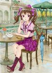  ama-tou brown_eyes brown_hair canal cellphone chair checkered checkered_skirt closed_umbrella creamer_(vessel) cup full_body geta hat himekaidou_hatate long_hair phone pouch ribbon sitting skirt solo table teacup tengu-geta tokin_hat touhou twintails umbrella 