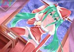  alternate_costume bag bare_shoulders blush book breasts cameltoe catstudioinc_(punepuni) cleavage collarbone curtains green_eyes green_hair green_panties hair_ribbon hat hatsune_miku highres long_hair long_sleeves looking_at_viewer medium_breasts over_shoulder panties pantyshot pantyshot_(standing) red_legwear ribbon santa_costume santa_hat signature snowing solo standing striped striped_panties table thighhighs twintails underwear upskirt very_long_hair vocaloid window 