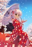  bridge brown_eyes cherry_blossoms copyright_request dark_skin day demon_girl eyebrows floral_print hair_ribbon highres horns japanese_clothes kimono long_hair oni_horns parasol petals red_kimono ribbon santa_matsuri scan silver_hair sitting sky smile solo twintails umbrella yukata 