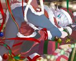  ass bell blue_eyes blurry christmas depth_of_field gift hat high_heels highres izayoi_sakuya kumonji_aruto ornament panties panties_under_pantyhose pantyhose ribbon santa_costume santa_hat shoes silver_hair solo star sweat touhou underwear 