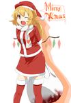  alternate_costume arms_behind_back bag blonde_hair blood boots eiri_(eirri) fang flandre_scarlet hat heart looking_at_viewer merry_christmas older one_eye_closed open_mouth red_eyes santa_boots santa_costume santa_hat scarf shirt short_sleeves side_ponytail skirt skirt_set smile solo thigh_boots thighhighs touhou wings 