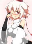 animal_ears bare_shoulders blush breasts detached_sleeves fingerless_gloves gloves hat highres inubashiri_momiji large_breasts looking_at_viewer mii_(makosuke) open_mouth red_eyes short_hair skirt solo tail tears tokin_hat touhou white_hair wolf_ears wolf_tail 