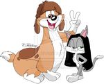  animaniacs annoying_watermark anthro black_hair canine cat dog duo feline female hair hand_on_hip male mammal micro plain_background rita rita_(animaniacs) runt size_difference tiny-toons-fan transparent_background v_sign watermark wig 
