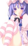  bad_id bad_pixiv_id capelet dress hair_ribbon hat kabata_(mechisan) long_hair long_sleeves looking_at_viewer patchouli_knowledge pink_legwear purple_dress purple_eyes purple_hair ribbon sitting solo striped striped_dress striped_legwear thighhighs touhou tress_ribbon 