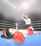  3girls black_hair boxing boxing_gloves defeated drooling eyes_closed fight fighting flat_chest highres multiple_girls nipples original ribs saliva seriomaster short_hair shorts tears topless unconscious 