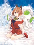  animal_ears bell belt blue_eyes boots brown_hair cat_ears christmas dress hrd original sack short_hair sitting smile solo wariza wristband 