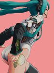  android aqua_eyes aqua_hair ass black_legwear detached_sleeves hatsune_miku headset long_hair looking_back necktie parts_exposed pink_background simple_background solo sukabu thighhighs twintails vocaloid 
