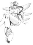  absurdres angel_wings angewomon asymmetrical_clothes bad_id bad_pixiv_id bare_shoulders breasts cleavage crossed_legs digimon digimon_adventure elbow_gloves from_below gloves greyscale helmet highres konoshita_kiyomasa large_breasts legs long_hair monochrome multiple_wings shoes sitting solo wings 