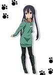  black_hair boots brown_eyes dress green_shirt k-on! long_hair nakano_azusa oku_no_shi pantyhose paw_print shirt solo sweater sweater_dress twintails 