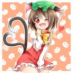  2012 :3 ;d animal_ears blush brown_hair cat_ears cat_tail chen clown_222 fang hat heart heart_tail highres jewelry looking_at_viewer one_eye_closed open_mouth red_eyes short_hair single_earring smile solo tail touhou 