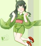  alternate_hairstyle araragi_tsukihi bakemonogatari black_hair green_eyes green_kimono inaka_keikou japanese_clothes jumping kimono long_hair monogatari_(series) sandals side_ponytail solo yukata 