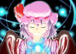  bat_wings black_background blouse closed_eyes hat hat_ribbon light_particles light_smile light_trail open_hands remilia_scarlet ribbon solo teke28 touhou upper_body wings 