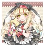  axe blonde_hair bow doll dress gloves highres long_hair mayu_(vocaloid) nou piano_print ribbon solo stuffed_animal stuffed_bunny stuffed_toy usano_mimi vocaloid weapon 