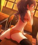  arm_support ass black_legwear blush bra brown_hair classroom desk dutch_angle earrings finger_to_mouth from_behind hairu jewelry kujikawa_rise long_hair looking_at_viewer looking_back on_desk panties persona persona_4 ponytail profile school_desk shadow_rise sitting sitting_on_desk solo spread_legs thighhighs underwear underwear_only yellow_bra yellow_eyes yellow_panties 
