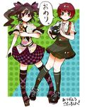  black_legwear blush brown_hair camera cellphone danganronpa freckles geta green_eyes green_legwear hat himekaidou_hatate itomugi-kun koizumi_mahiru long_hair multiple_girls necktie phone puffy_sleeves purple_eyes school_uniform short_hair short_sleeves skirt smile super_danganronpa_2 thighhighs tokin_hat touhou translated twintails vest 