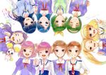  ;d akimoto_komachi aoki_reika blonde_hair blue_hair blue_neckwear bow brown_hair candy_(smile_precure!) circle_formation closed_eyes color_connection creator_connection green_hair hairband hino_akane_(smile_precure!) hoshizora_miyuki kasugano_urara_(yes!_precure_5) kise_yayoi l'ecole_des_cinq_lumieres_school_uniform long_hair mamii midorikawa_nao milk_(yes!_precure_5) mimino_kurumi minazuki_karen multiple_girls nanairogaoka_middle_school_uniform natsuki_rin necktie one_eye_closed open_mouth pink_bow pink_hair pink_neckwear ponytail precure purple_hair rainbow_order school_uniform short_hair sleeves_rolled_up smile smile_precure! twintails two_side_up white_background white_hairband yes!_precure_5 yes!_precure_5_gogo! yumehara_nozomi 