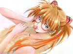 alternate_hairstyle bespectacled blue_eyes breasts brown_hair candy chingcame cleavage feather_boa food glasses hair_ornament hand_in_hair lollipop long_hair looking_at_viewer medium_breasts nagisa-a neon_genesis_evangelion rebuild_of_evangelion shikinami_asuka_langley solo souryuu_asuka_langley topless twintails upper_body 