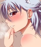  bare_shoulders blush breath hayashi_custom izayoi_sakuya maid_headdress red_eyes silver_hair smile solo sweat touhou 