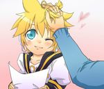  asata bad_id bad_pixiv_id blonde_hair blue_eyes blush head_rub kagamine_len male_focus paper vocaloid 