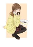  arm_support bad_id bad_pixiv_id box brown_eyes brown_hair cardigan doughnut eating food highres keita_(kta0) loafers long_hair looking_back original pantyhose plaid plaid_skirt ponytail school_uniform shoes sitting skirt sleeves_past_wrists solo wariza 