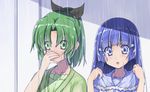  aoki_reika blue_hair green_hair green_shirt long_hair lowres midorikawa_nao multiple_girls ponytail precure rain shinohara_shinome shirt short_hair smile_precure! wet 