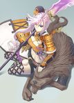  armor belt beltskirt breasts cleavage dragon flower from_above fur hair_flower hair_ornament highres large_breasts lavender_hair long_hair looking_up midriff multicolored_hair navel pink_hair polearm pom_pom_(clothes) purple_eyes scales sengoku_taisen sitting solo tachibana_ginchiyo_(sengoku_taisen) tak_(takumi_fortitude) thighhighs two-tone_hair weapon yokozuwari 