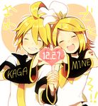  1girl :d ahoge blonde_hair brother_and_sister closed_eyes dated detached_sleeves grin hair_ornament hair_ribbon hairclip headphones heart heart_hands heart_hands_duo hiyo_kiki holding_hands interlocked_fingers kagamine_len kagamine_rin nail_polish necktie open_mouth ribbon sailor_collar short_hair siblings smile tattoo twins vocaloid yellow_nails yellow_neckwear 