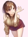  1girl bent_over breasts brown_eyes brown_hair chocolate dripping hiwakana6121 large_breasts legs licking_lips lips looking_at_viewer miniskirt original pink_background red_eyes red_skirt ribbed_sweater shoulder_cutout simple_background skirt sweater thihs tongue tongue_out turtleneck 