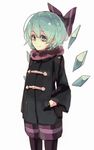  alternate_costume black_legwear blue_eyes blue_hair bow cirno contemporary hair_bow hands_in_pockets highres ice ice_wings looking_at_viewer pantyhose pisoshi short_hair simple_background smile solo touhou wings 