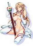  asuna_(sao) blush braid breasts brown_eyes brown_hair detached_sleeves highres kneeling large_breasts navel nipples open_clothes panties parted_lips shiny shiny_skin simple_background solo sword sword_art_online thighhighs underwear warabino_matsuri weapon white_background 
