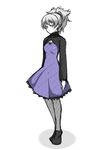  bad_id bad_pixiv_id darker_than_black expressionless full_body loafers long_sleeves pantyhose pink_eyes ponytail purple_skirt shadow shoes silver_hair skirt solo tennen0201 white_background yin 